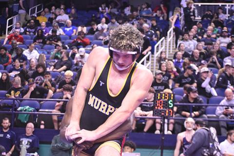 Kevin Hensley/The Graham Star Anthony Catuto of Murphy competes in the state wrestling tournament on Saturday in Greensboro.