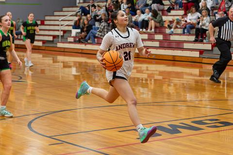 Cannon Crompton/sports@cherokeescout.com Chanteah Rattler of Andrews drives toward the basket against Blue Ridge Early College on Feb. 11. 