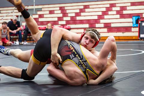 Cannon Crompton/sports@cherokeescout.com Hayden Virtanen wrestles at home against Murphy on Nov. 26, 2025. 