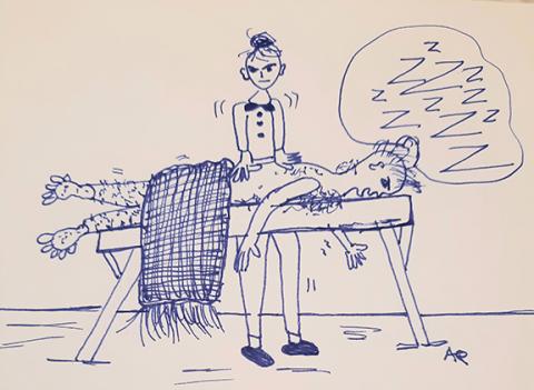 	For Valentine’s Day, I gave my aunt and Uncle Vinny a gift certificate for a couples massage. I love my aunt  and, as for my uncle, I thought the massage would relax him enough to make him fall asleep, giving my aunt 60 minutes of yap-less peace. 	It started with my uncle dressing down to just his red Speedo britches. I’m sure his shirtless chest and black wiry Italian hair, similar to painter Bob Ross’ Afro, was quite a sight to see. 	Before he climbed onto the massage bed like it was a rock wall, he hand