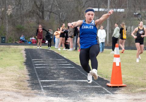 Bella Krauter-Fabrizi of Hiwassee Dam competes in long jump at Murphy on March 18. 
