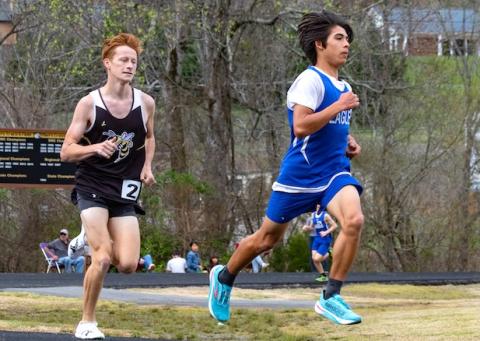 Oscar Page of Hiwassee Dam competes in a distance event at a meet at Murphy on April 2, 2025.