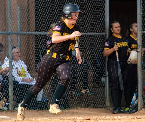 Emma Laney of Murphy rounds first base against Hiwassee Dam on Friday.