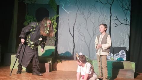 Kellen West (left) as The Mysterious Man warns Jack played by Jacob Spatola and Jack’s long-suffering cow Milky White played by Samuel Bradley in a scene from the Community Youth Players production of Into The Woods Jr. Performances will run at the Valleytown Cultural Arts Center in Andrews at 7 p.m. Friday and Saturday and 3 p.m. Sunday.