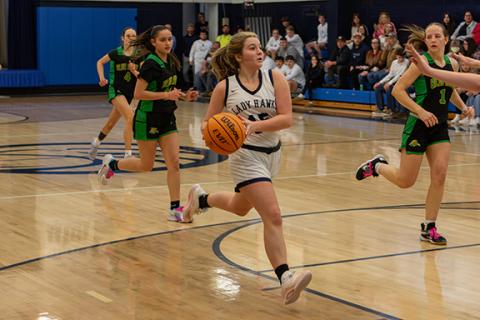 Cannon Crompton/sports@cherokeescout.com Delaney McLean of Nantahala drives to the hoop against Blue Ridge Early College on Jan. 29 in a girls varsity high school basketball game. 