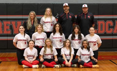The 2026 Andrews High School junior varsity softball team. Front row (from left) are Kimberlynn Lequire, Lily Gibson, Taylor Postell and Yesi Hernandez. Second row (from left) are McKenna Kierbow, Hadley Adams, Audrey McLelland, Audrey Stewart and Sophia Gambill. Back row (from left) are head coach Sam Cross, Reagan Adams, assistant coach Brett Gibson and assistant coach Nick Adams.