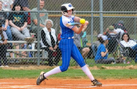 Cannon Crompton/sports@cherokeescout.com Abby Harris of Hiwassee Dam gets a hit against Andrews on March 27.