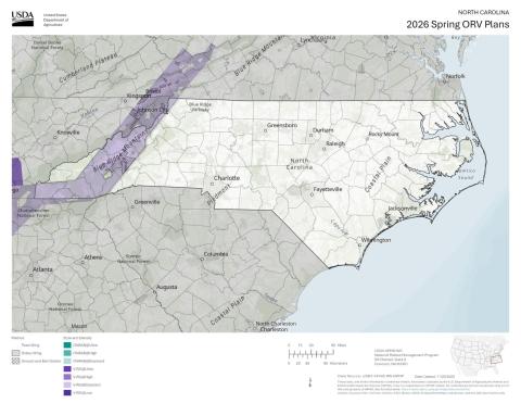 This map shows areas of western North Carolina that are covered in a rabies vaccination program.