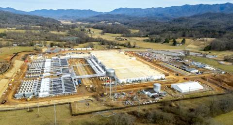 A drone image shows construction in progress at Core Scientific's data center in Marble.