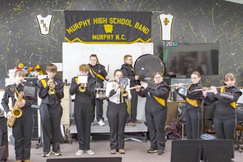 The Murphy High School band rehearses its music before an upcoming performance. Pictured are (front row, from left) James Wynn, Ethan Ceberek, Tristan Nicholson, Olivia Ceberek, Addison England, Arianna Sowell and AJ Ceberek. Back row (from left) are Emily Robertson and Noah Warman.