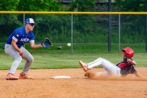 Grayson Summeral of Andrews slides safely into second base, avoiding a tag by South Davidson on May 5. Photo by Cannon Crompton/sports@cherokeescout.com
