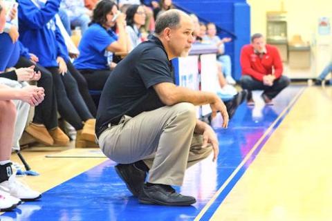 Former Hiwassee Dam girls varsity basketball coach David Payne intensely watches the close game between the Lady Eagles and Copper Basin, Tenn., on Nov. 18, 2025.