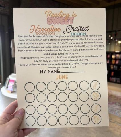 Narrative Bookstore and Crafted Dough are teaming up to encourage local students to read with a summer reading challenge to earn treats.