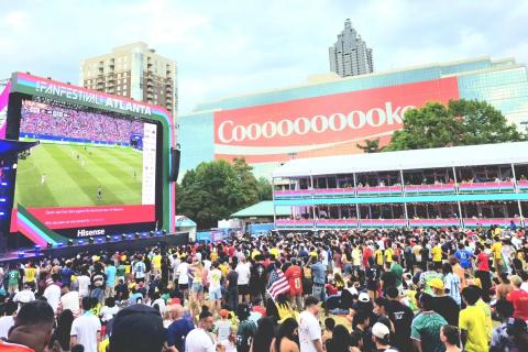A large crowd gathers to watch Scotland versus Morocco on a large screen at the FIFA World Cup fan fest at Centennial Olympic Park in Atlanta on June 19. Photo by Cannon Crompton/Cherokee Scout