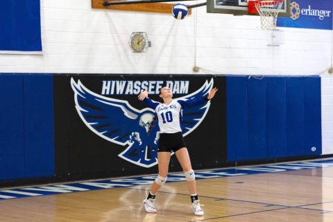 Abby Harris of Hiwassee Dam serves the ball against North Stokes in the first round of the playoffs on Oct. 18, 2025. Photo by Cannon Crompton/Cherokee Scout