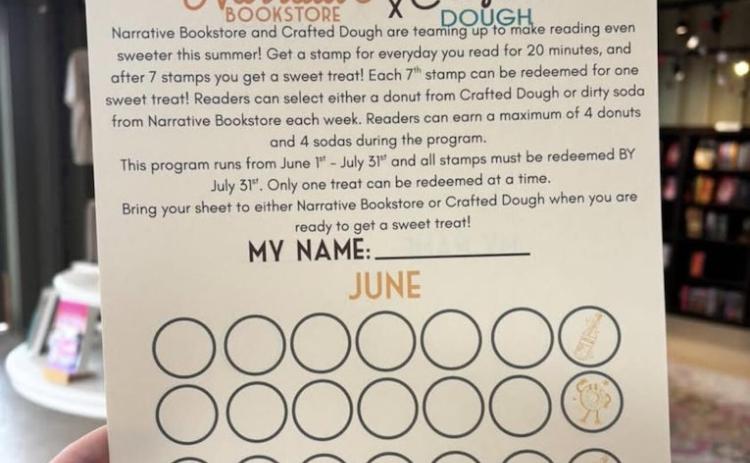 Narrative Bookstore and Crafted Dough are teaming up to encourage local students to read with a summer reading challenge to earn treats.