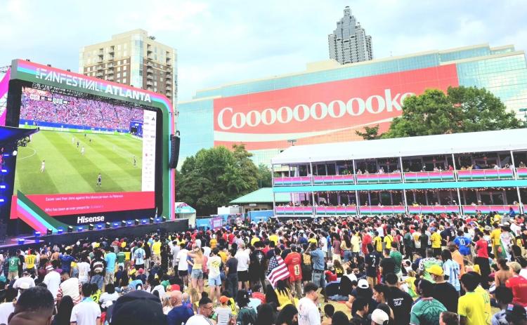 A large crowd gathers to watch Scotland versus Morocco on a large screen at the FIFA World Cup fan fest at Centennial Olympic Park in Atlanta on June 19. Photo by Cannon Crompton/Cherokee Scout