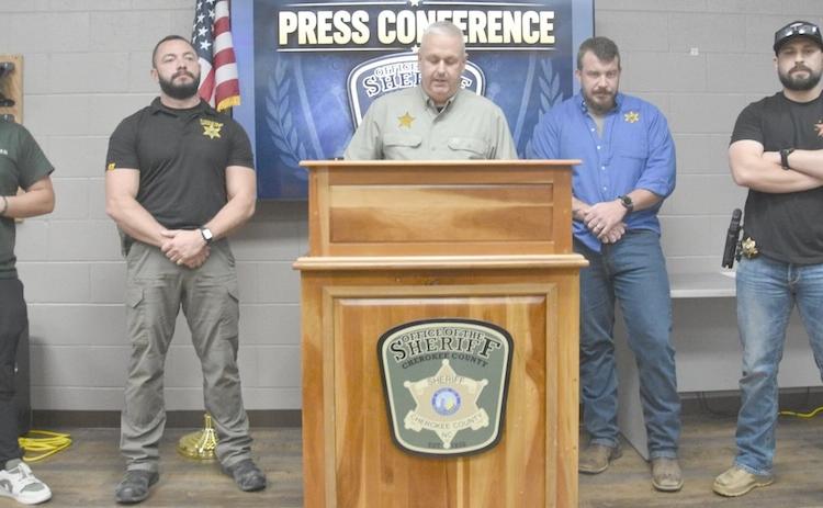 Cherokee County Sheriff Chris Wood, center, holds a news conference to announce a deputy-involved shooting in the Peachtree community on June 11. Flanking him are, from left, Narcotics Det. Parker Southard, Lt. Nathan Henderson, Lt. Drew Payne and Narcotics Agent Hunter Wood.