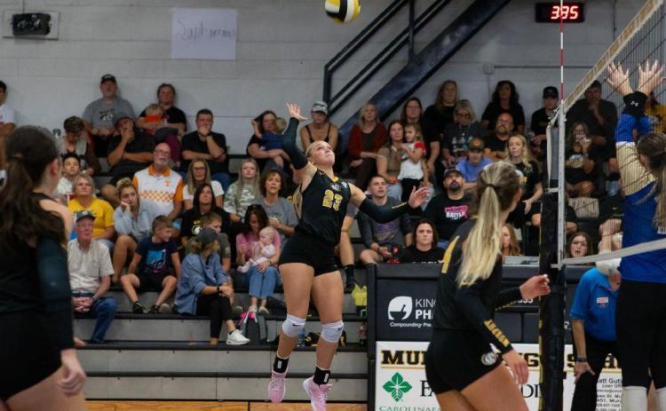Fall sports like volleyball will begin practice today, with their first games taking place in August. Pictured is Emma Hensley of Murphy going up for a kill against Elkin in the first round of the 2025 2A state volleyball playoffs.  Photo by Cannon Crompton/sports@cherokeescout.com