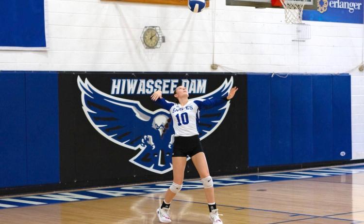 Abby Harris of Hiwassee Dam serves the ball against North Stokes in the first round of the playoffs on Oct. 18, 2025. Photo by Cannon Crompton/Cherokee Scout