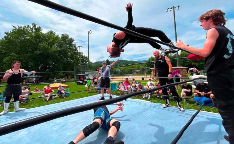 Vinnie of The Family – the ACWF tag team champions – flips off the top rope at ACWF FreedomMania 250 in Andrews on July 4. Photos by Cindy Ray, Ashley Graves and Angie Hogan