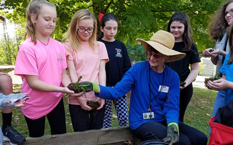Ranger sixth-grade student Gracie Rhodes accepts a fern to plant from Master Gardener Lynne Corenbaum. Corenbaum is teaching local students and staff how to maintain raised garden beds at the schools.