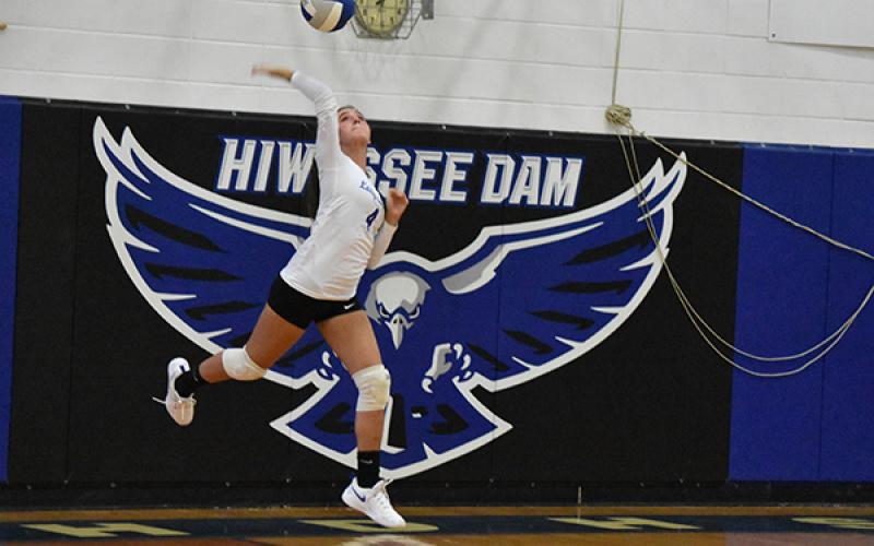 Hiwassee Dam’s Rylie Payne serves in Thursday’s win over Andrews.