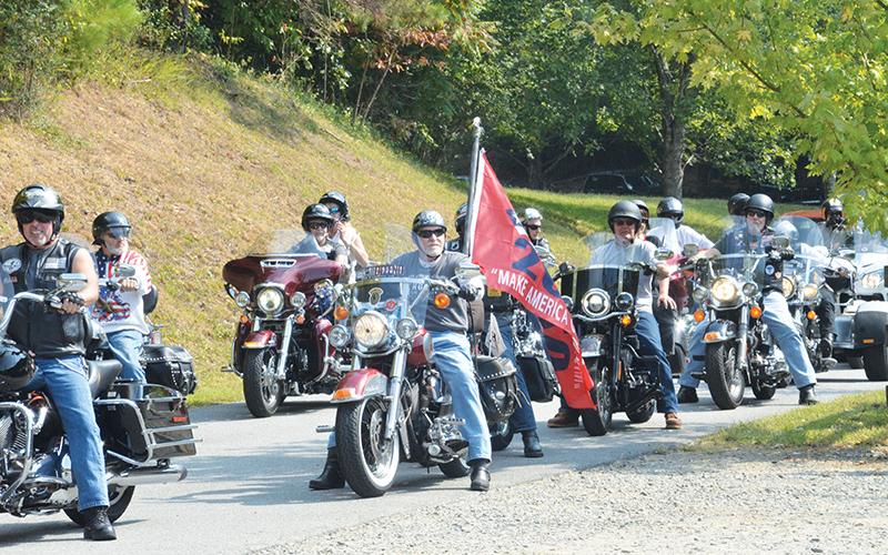 Bikers who participated in the annual Benghazi-Twin Towers Memorial Ride arrive at Band of Brothers Park in Murphy.