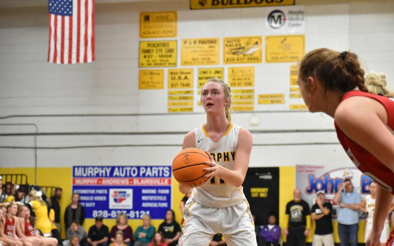 Murphy forward Torin Rogers lines up a free throw during the fourth quarter of the Lady Bulldogs' win against East Surry.