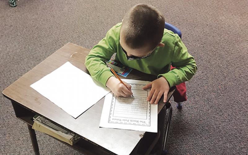 Hiwassee Dam Elementary/Middle School first-grader Levi Stiles uses what he gathered in his graphic organizer to write his news article about presents being stolen at the North Pole.