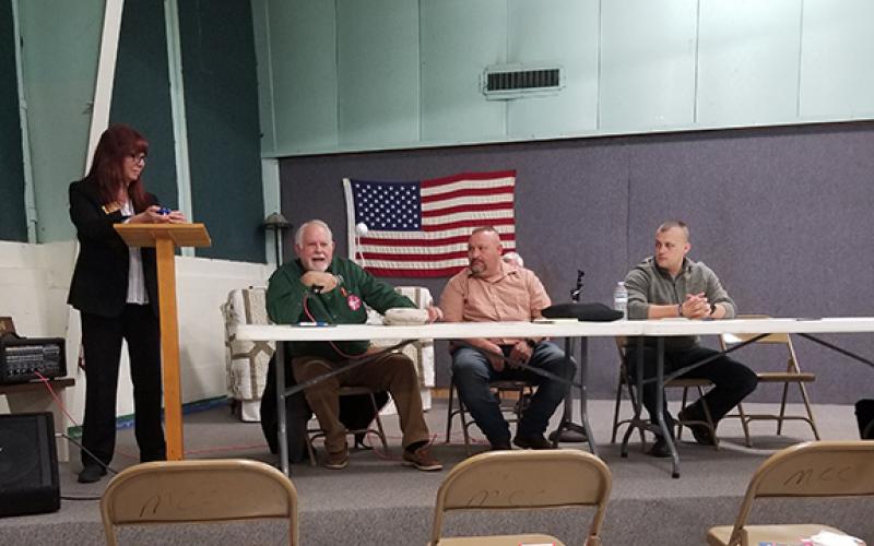 Kevin Puskar/Staff Correspondent Moderator Jan Griggs (from left) with Cherokee County political candidates John Midkiff, Ben Adams and Jason Murphy on Feb. 26 at the Martins Creek Community Center.