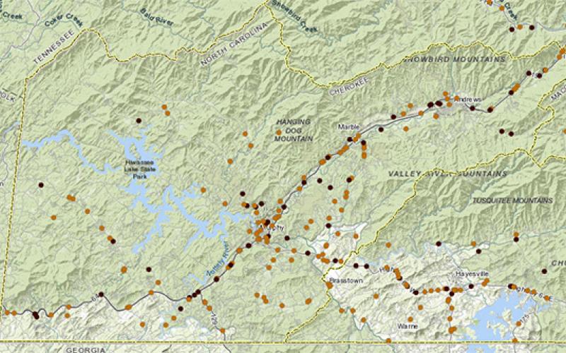 This N.C. Department of Transportation map shows major fatal and non-fatal crashes in Cherokee and part of Clay counties over a 10-year period ending Sept. 27, 2022. Fatal crashes show up as dark red dots; major non-injury crashes appear as yellow dots. 