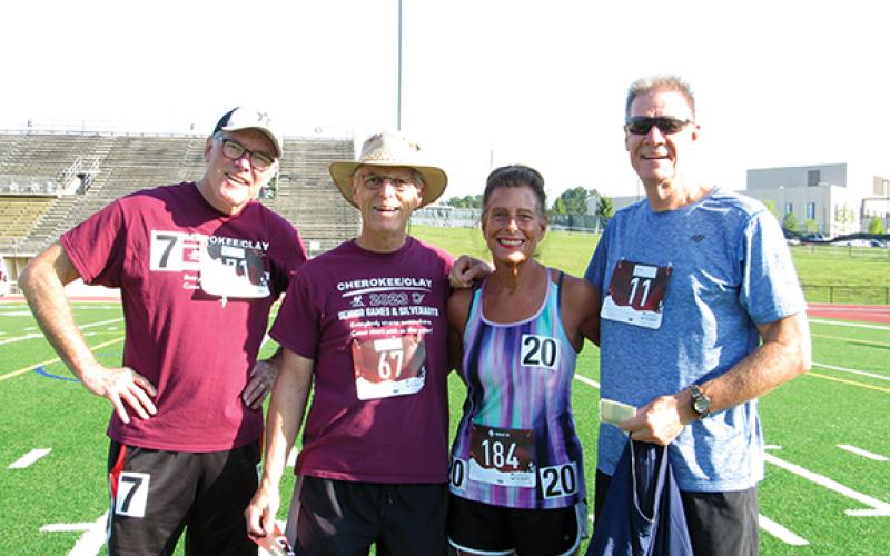 A record number of 25 participants from Cherokee and Clay counties joined more than 3,100 competitors from around the state in the Senior Games State Finals sports and SilverArts competitions in Raleigh. Here are some of the local winners. Left: From left are Senior Games State Finals participants Debra Vanderlaan and Steve Riedel. Right: From left are Senior Games State Finals participants John Nicholas, Terence Faries, Michele Preisser and Bill Battle.