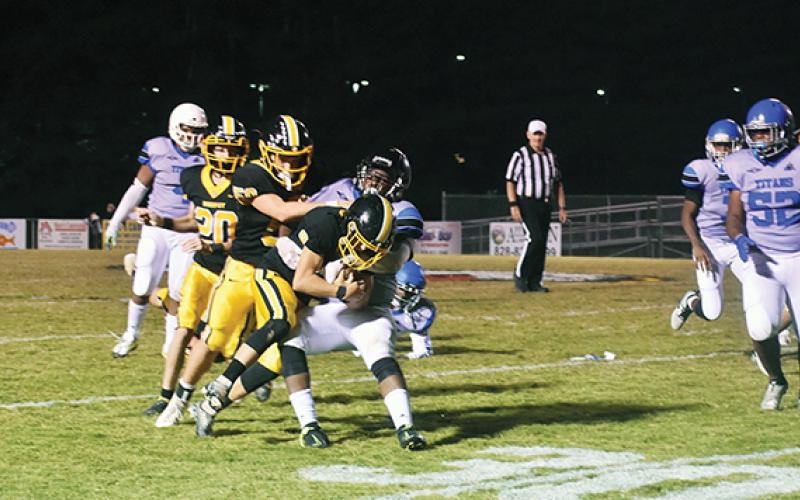 Justin Fitzgerald/Cherokee Scout Murphy’s ground game continued to be difficult to stop Friday night against Bishop McGuinness, as the Bulldogs racked up nearly 600 yards of rushing offense.