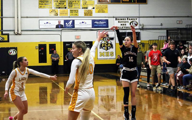 Cannon Crompton/sports@cherokeescout.com Kylie Donaldson of Andrews shoots a 3-pointer on Feb. 6 against Murphy.