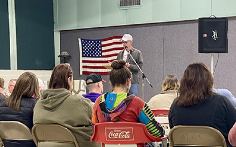 Randy Foster/editor@cherokeescout.com Retired principal Paul Wilson leads a public meeting at Martins Creek Community Center on Feb. 13 to discuss school board plans to reorganize four campuses next year.