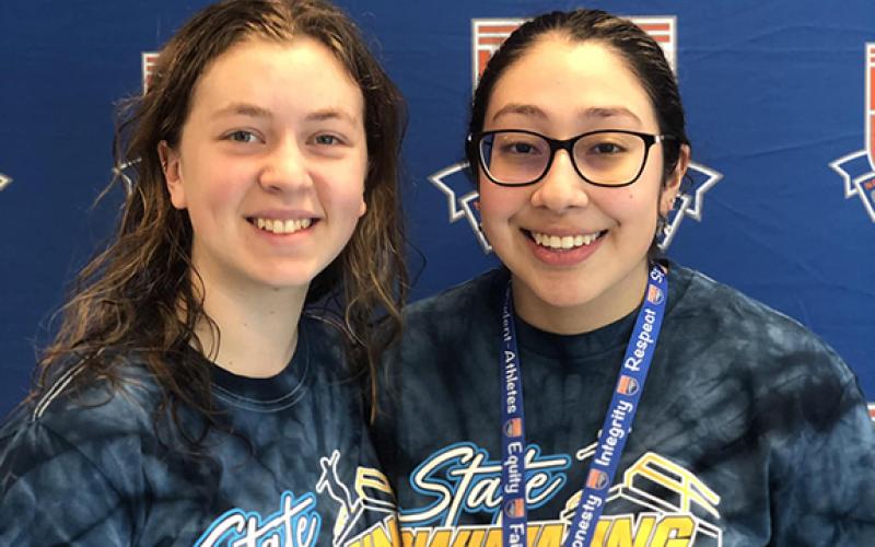 Tri-County Early College swimmers Fern Crayton and Ariana Rivas at the state championship on Feb. 9. 