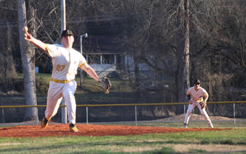 J.R. Carroll/Staff Correspondent Murphy’s Caleb Kephart pitches as Alex Golden looks on during a March 4 game.