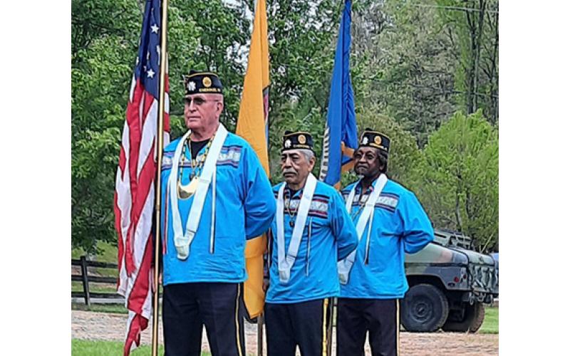 Nicole Wright/Staff Correspondent American Legion Post 143 presents the colors prior to the Purple Heart ceremony Friday in honor of Roger Swanson. From left are Warren Dupree, Jack Walkingstick and Charlie McCullough.