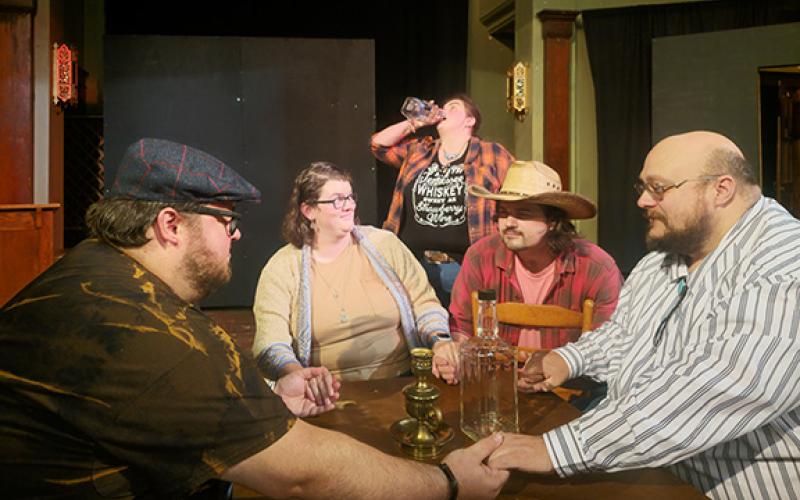 Nicole Wright/ Staff Correspondent Lone Star Spirits premieres at 7 p.m. Friday and Saturday at the Valleytown Cultural Arts Center in downtown Andrews. Cast members in the dinner play (from left) include (standing) Sarah Reynolds as Jessica; (seated) Philip Deckle as Ben; Taylor Swain as Marley; Cory Cheeks as Drew; and Brycham Reynolds as Walter.
