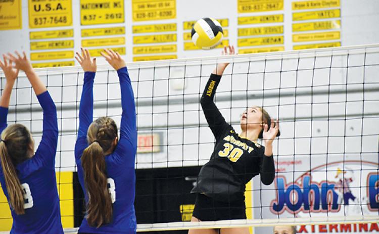 Murphy’s Grace Nelson plays the ball at the net while Hiwassee Dam’s Chloe Roe and Dezeray Adams try to block during a match Sept. 17.