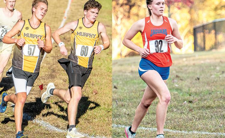 Left: Murphy’s Caleb Jones (57) is the SMC boys champion, while Chase Pierce (60) finished third. Right: Tri-County’s Sydney Bolyard was the SMC girls champion, finishing almost a minute ahead of the second-place finisher.