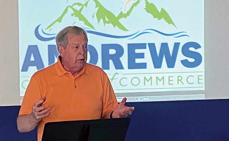 David Huskins of Smoky Mountains Host shares some of the ways his organization helps promote the local tourism industry during the Andrews Chamber of Commerce’s virtual annual membership meeting on June 30. Phot by David Brown
