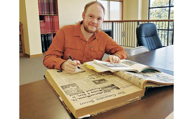 Stacy Van Buskirk/ svanbuskirk@cherokeescout.com Silas Shields of Culberson searches through archives at the Cherokee Scout looking for information about his great-great grandmother, Lou Emma Shields, who went missing in 1963.