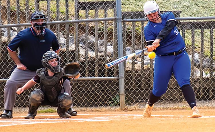 Sam Jokich/For the Cherokee Scout Hiwassee Dam senior Katie Gibson squares up a pitch during the Lady Eagles’ 22-0 win over Hayesville on April 23.