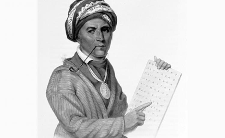 The Eastern Band of Cherokee Indians maintains a museum honoring Sequoyah near Vonore,Tenn. Artist’s drawing shows his turban and ever-present long pipe.