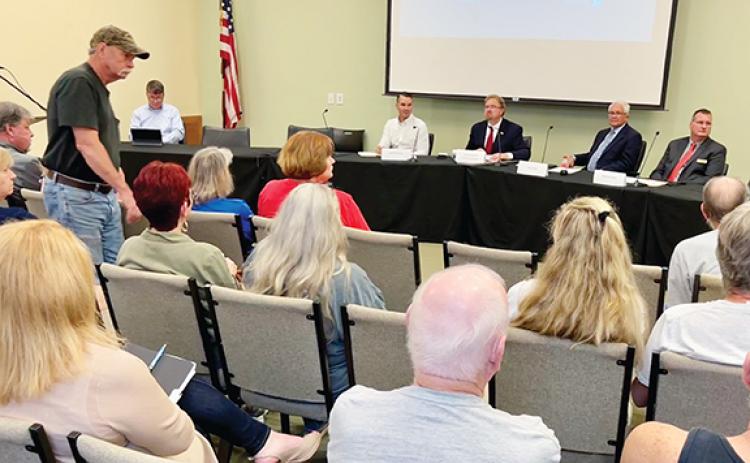 Randy Foster/editor@cherokeescout.com Seated at the table in front of an audience at the Cherokee County Courthouse on Aug. 24 were Aaron Melda, an engineer and senior TVA executive, U.S. Rep. Chuck Edwards, Cherokee County Commission Chairman Cal Stiles and Murphy Mayor Tim Radford (from left).