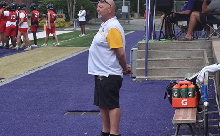 Justin Fitzgerald/sports@cherokeescout.com  Former Murphy athletic trainer Bob Grimes observes a 7-on-7 event at Western Carolina University on June 14. Grimes’ last day with Cherokee County Schools was on Aug. 31.