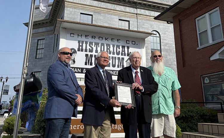 Randy Foster/editor@cherokeescout.com Cherokee County Manager Randy Wiggins, Commissioner Cal Stiles, retired county manager Ron Hill and Commissioner Randy Phillips (from left) pose outside the Cherokee County Historical Museum on Thursday.
