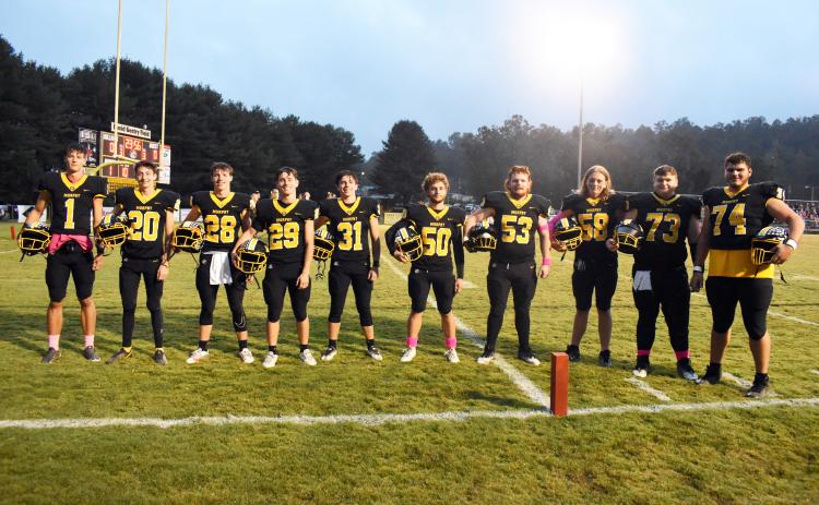 Photos by Kevin Hensley/The Graham Star Prior to the Oct. 6 game against Robbinsville, Murphy High School recognized its 2023 football seniors (from left): Zach Skogen, Matthew Stalcup, Hunter Stalcup, Trenton Russell, Will Joyner, Carson Lovingood, Lance Hawkins, Spencer Karageanes, Aiden Adams and Richard Queen.